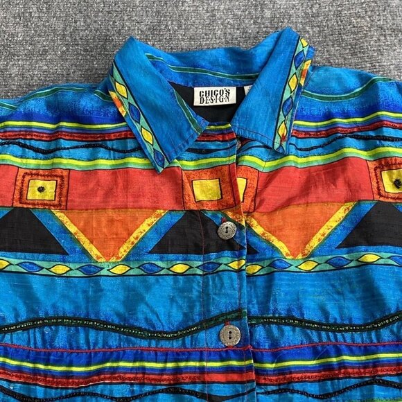 VTG Chico’s Jacket Womens 2 US L 12 Chinook Southwestern Aztec Beaded‎ Silk - Picture 2 of 16